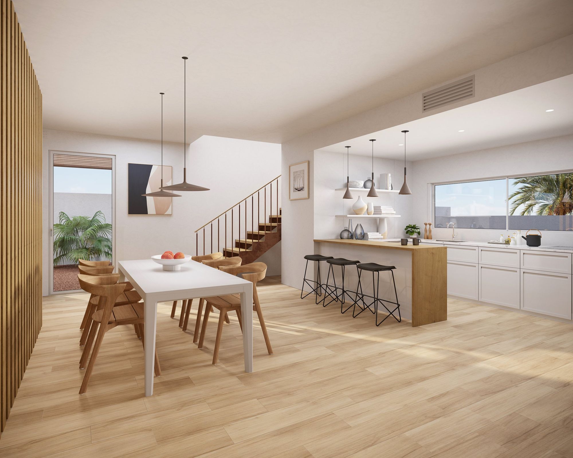 Cocina abierta con isla y comedor